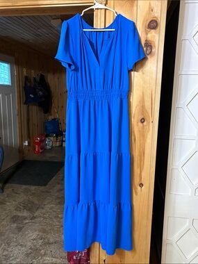 Leslie Fay Electric Blue Short Sleeve Tiered Maxi Dress